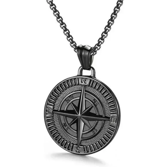 Men's Compass Pendant Necklace Stainless Steel Navigator Forged for Male Jewelry - Picture 2 of 3
